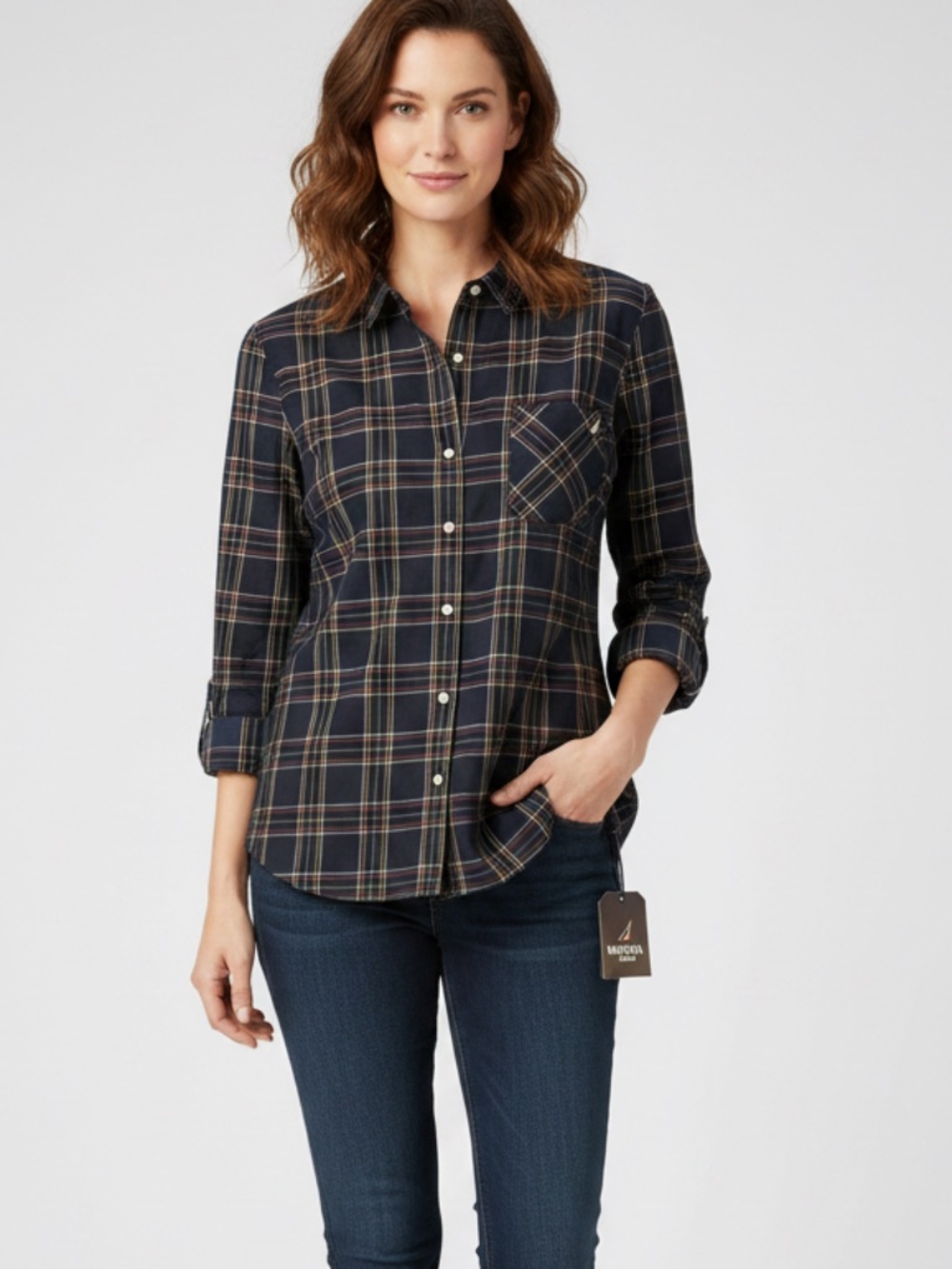 NWT Nautical navy blue button-down collared shirt lg